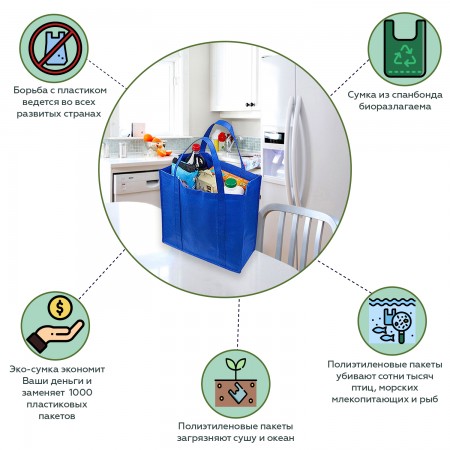 Купить Складная Эко сумка-пакет для продуктов многоразовая хозяйственная, темно-синяя